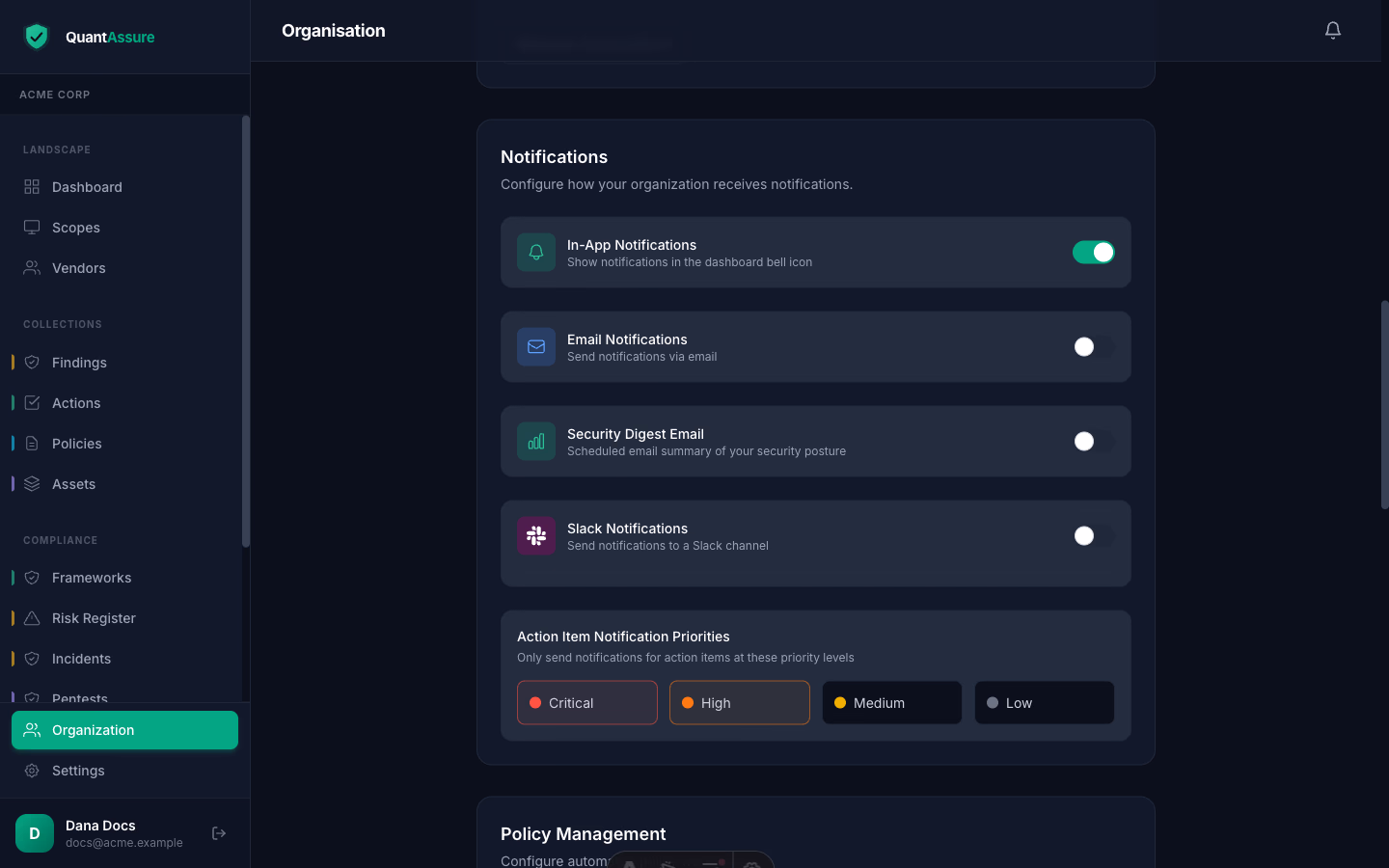 Notification settings showing in-app, email, and Slack channels plus the security digest email options